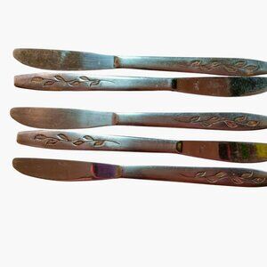 Dinner Knives Leaf Pattern Vintage Stainless Steel Lot 5